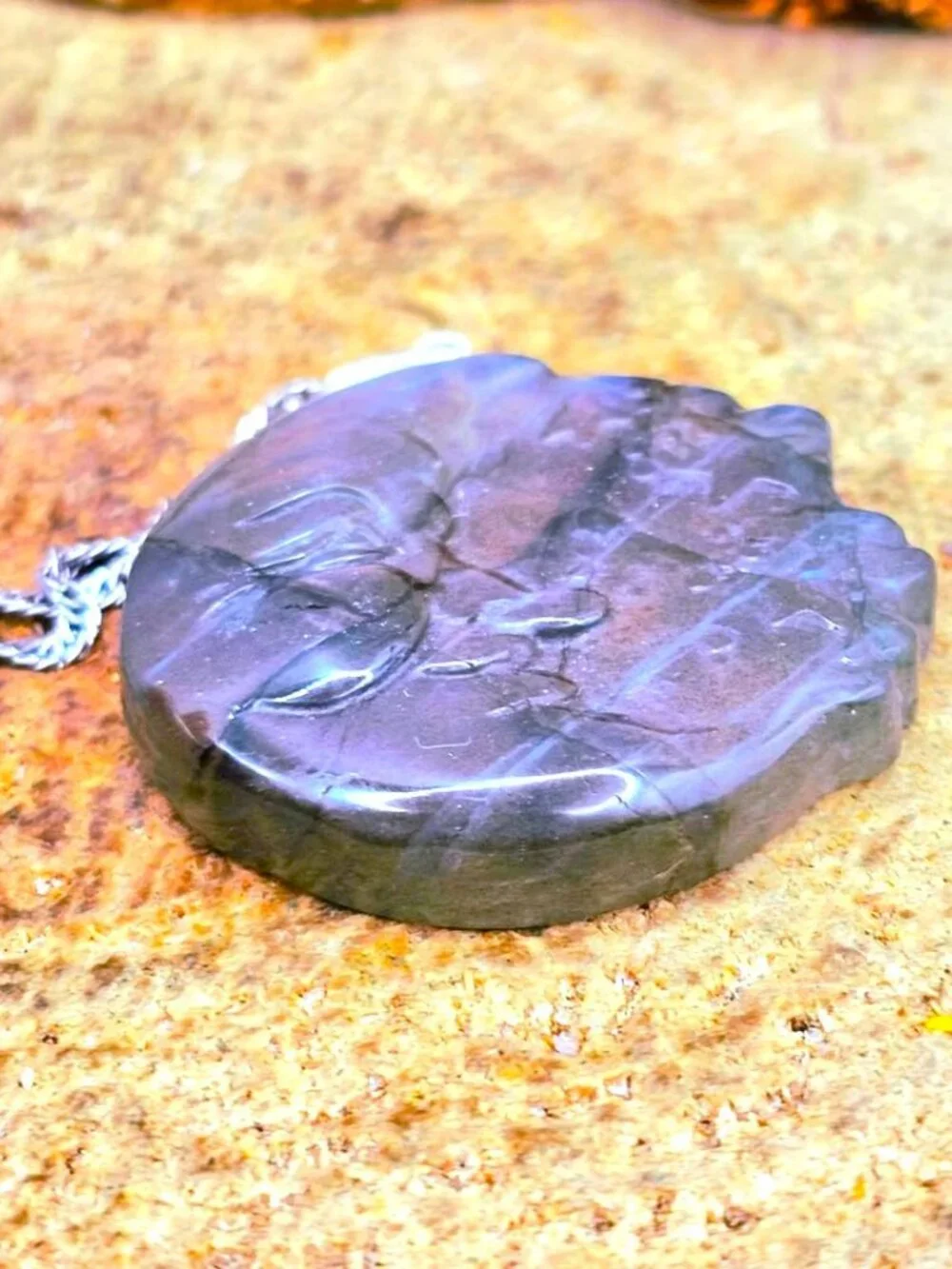 Labradorite Crescent Moon Carved Pendant Flashy Crystal Necklace 1.3 Inch